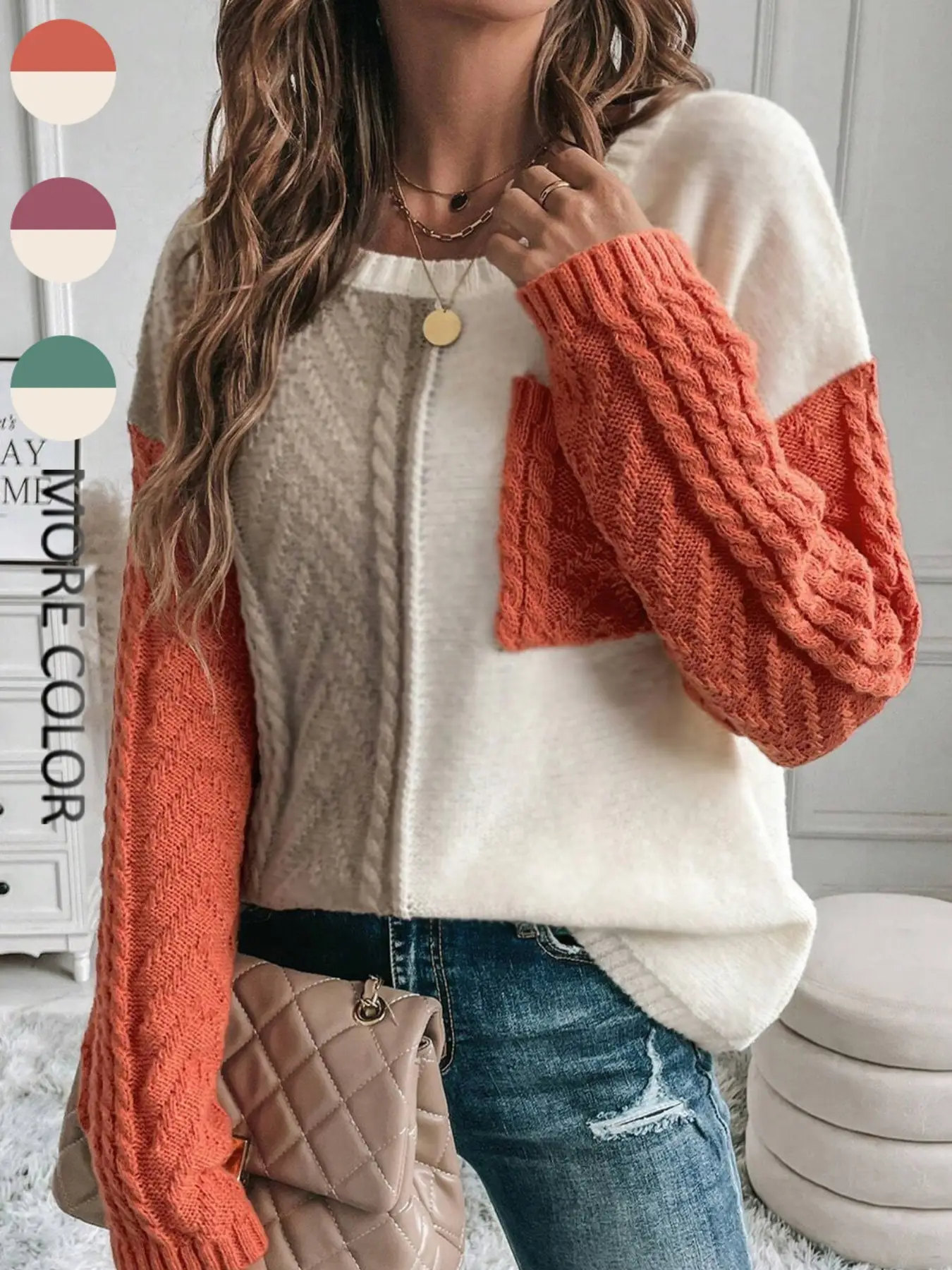 Women's Colorblock Drop Shoulder Sweater, Casual Long Sleeve Round Neck Pullover Jumper for Fall & Winter, Fashion Ladies' Knitwear for Daily Wear