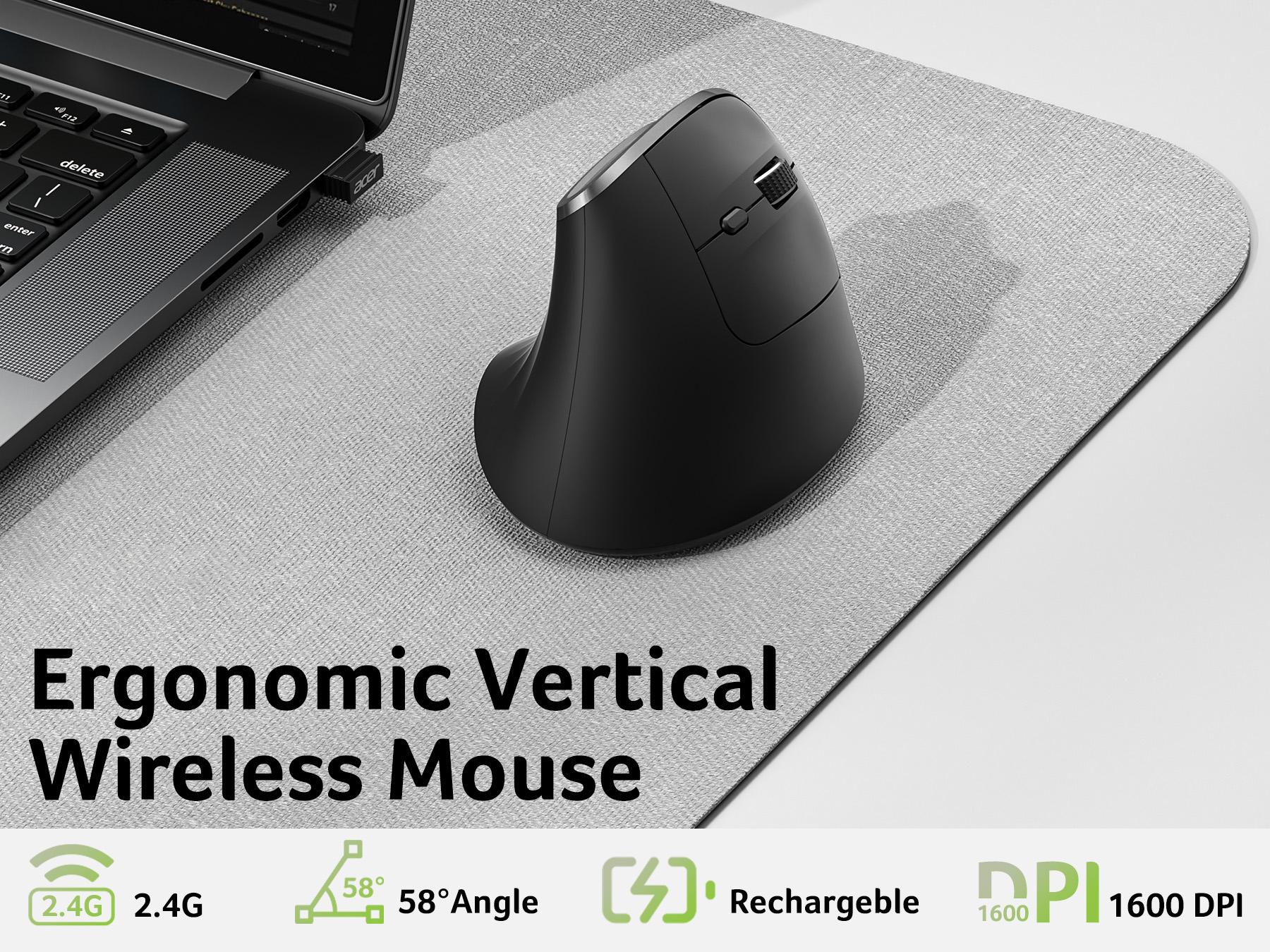 Acer Ergonomic Mouse Wireless, Vertical Computer Mouse for Office, Ergo Mice Rechargeable for Medium to Large Sized Hands, 2.4GHz USB Receiver, 800/1200/1600 DPI, 6 Buttons for Laptop, PC and Desktop
