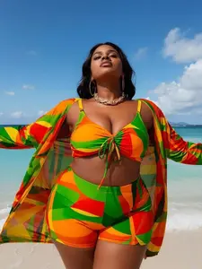 XJN Plus Size 3-Piece Bathing Suit for Women, Tropical Print High Waist Boyshorts with Long Sleeve Sun Protection Sheer Kimono, Sizes 1X-4X