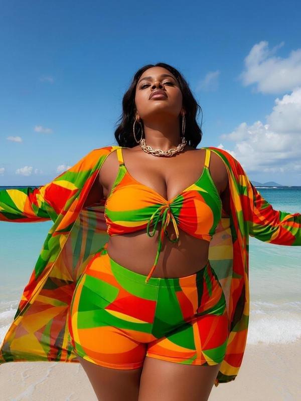Women's Plus Size (2XL-3XL) 3-Piece Stretchy Nylon Elegant Print Tankini Swimsuit Set - Bra, Cheeky High Waist Shorts, Sheer Long Sleeve Kimono, UV Protective, Curves-Hugging, Breathable, Hip-Flaw Hide, Beach Trips, Beach Photography