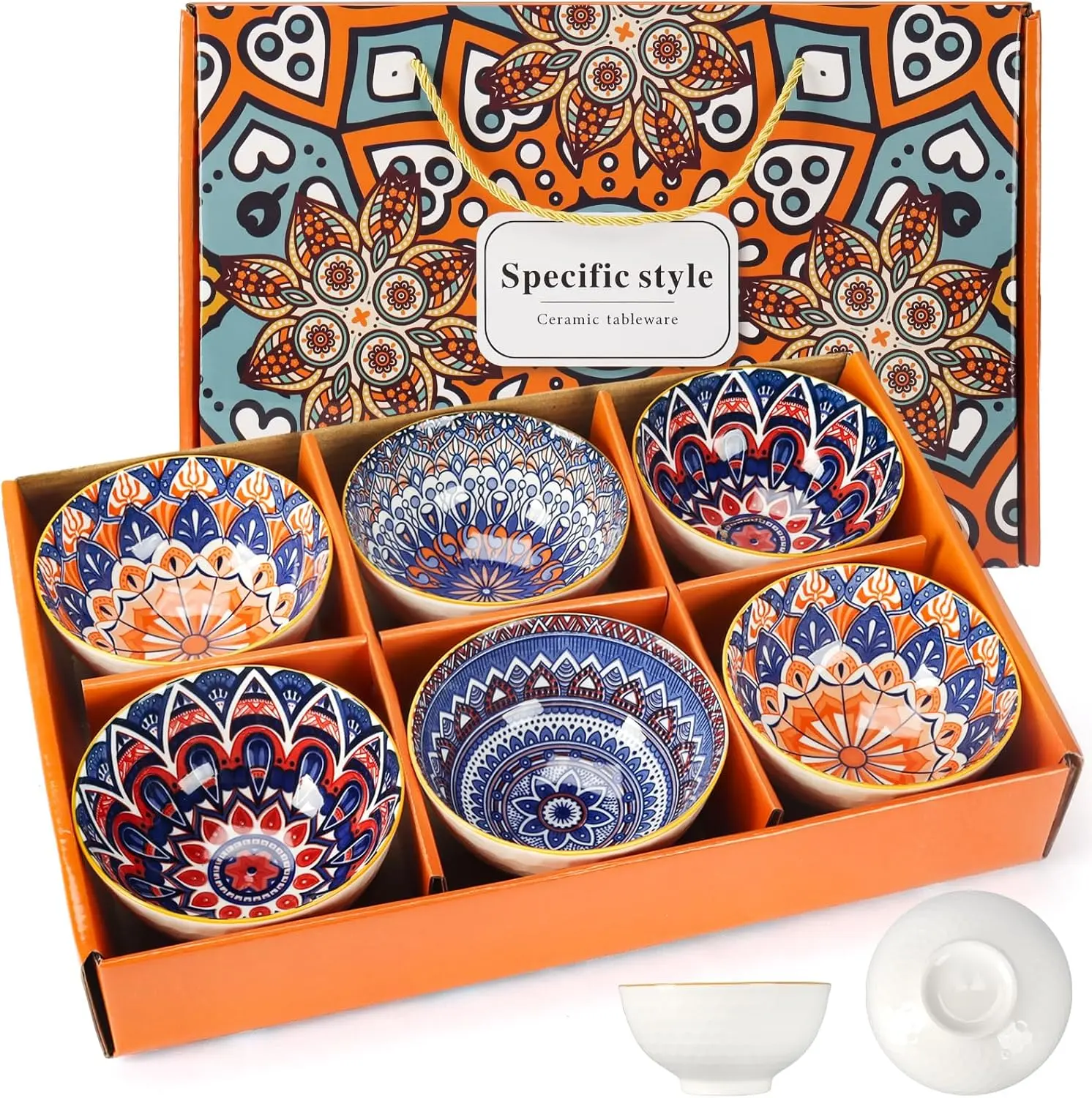 Bohemian Geometric Porcelain Kitchen Bowls - 6-Piece Tableware Set, 10oz (0-500ml), 4.5in Diameter, Microwave-Safe, Dishwasher-Safe, 4 Color Options, Easy to Maintain for Home, Party Use