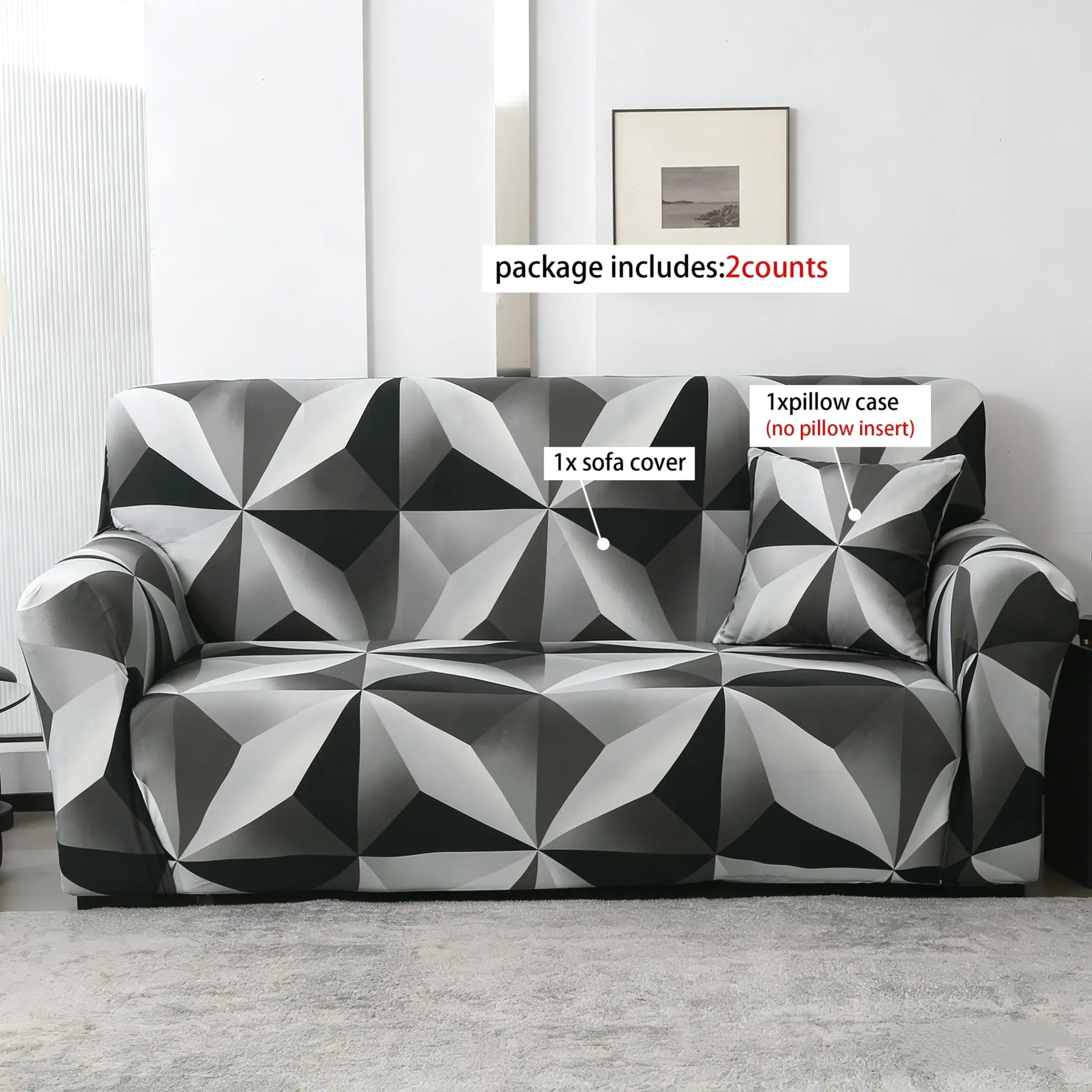 Geometric Print Stretch Sofa Cover, Soft Breathable Pet Friendly, Modern Indoor Design, Home Decor, 1/2/3/4 Seater