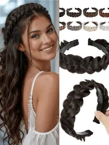 Wide Messy Braided Headband With Teeth Synthetic Hair Plaited Headband High Elasticity Braids Chunky Fishtail Braided Hair Band for Girls Women Adjustable Headband