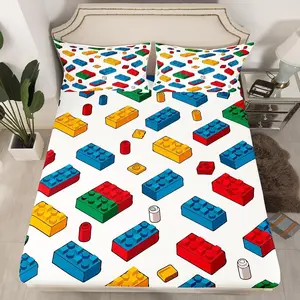 Building Blocks Fitted Sheet Toy Brick Bedding Set Gaming Games Bed Sheet Set Breathable Colorful Bed Cover Room Decor