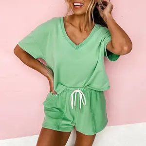 Green Women’s Two Piece Set V Neck Drop Shoulder Tee Summer Shorts Set Clothes Suits