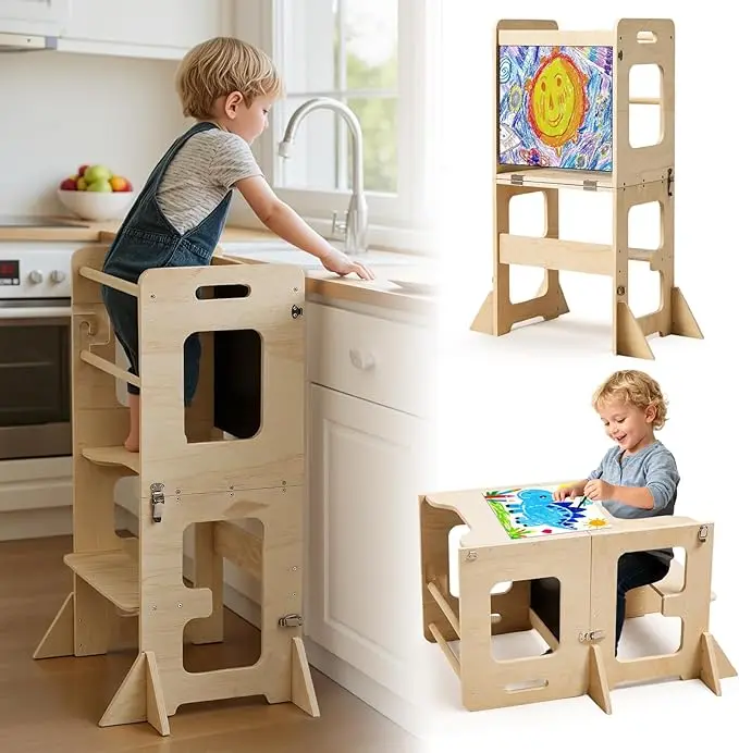 labebe 4-in-1 Montessori Learning Tower for Toddlers, Wooden Kitchen Helper Step Stool, Toddler Table & Chair, Activity Easel, Ages 1-5