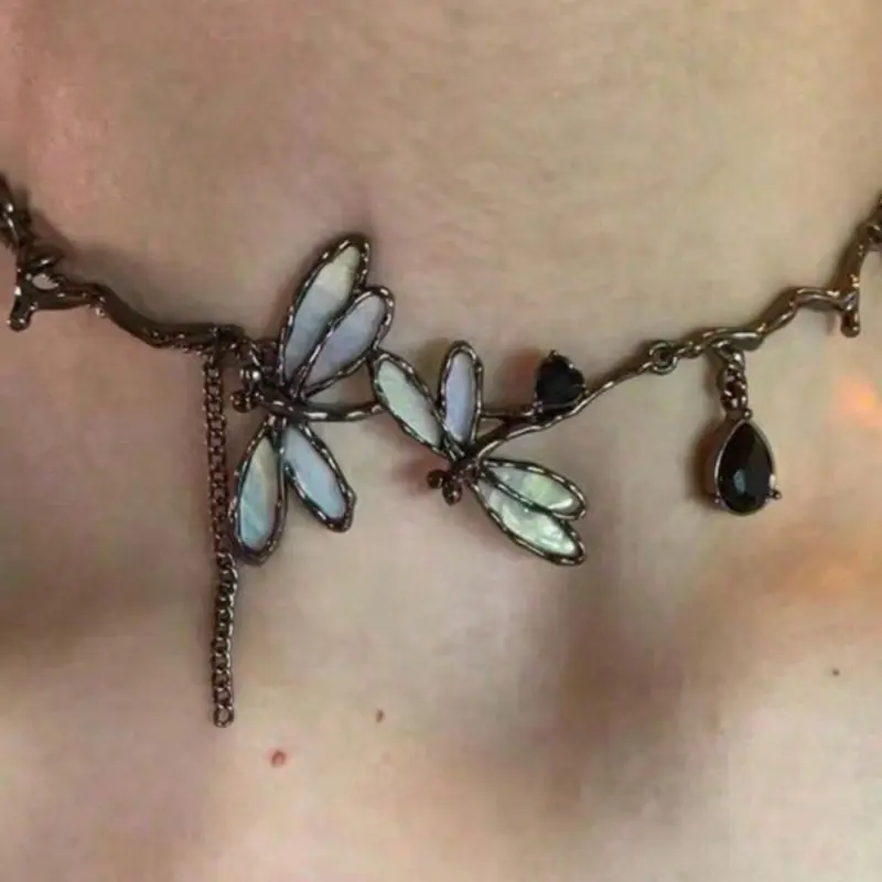 Vintage Unique Punk Gothic Dragonfly Waterdrop Geometric Pendant Necklace Vacation Music Festival Party Couple's Gift Halloween Dainty Layering Jewelry Butterfly Necklace Dainty Boho Style Necklace