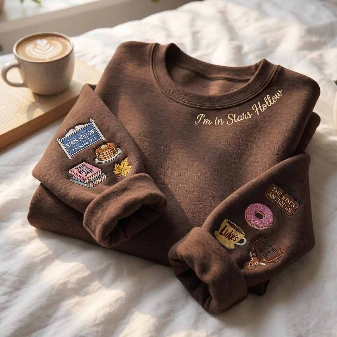 Stars Hollow Embroidered Shirt, Gilmore Girls Fall Crewneck, Cozy Autumn Top, Sleeve Embroidery Sweater