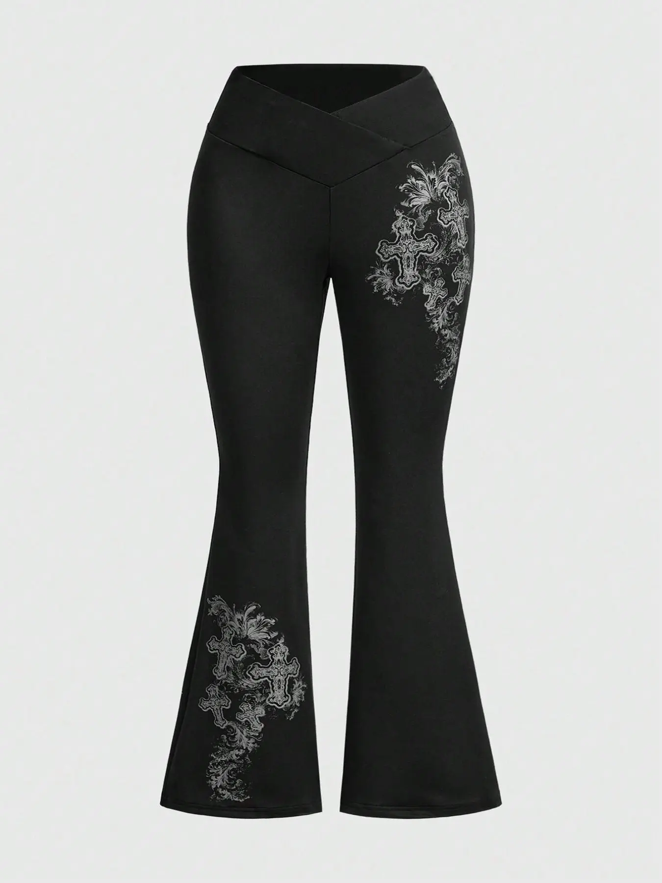 Grunge Y2K Aesthetic Cross Graphic Flared Leggings Womenswear - High-Waisted Stretchy, Elastic Soft Fabric TikTok Streetwear Bottoms, Gothic Casual Wear for Gen Z, Slim Fitted Flare Pants with Vintage Print for Daily/Street Outfits, Flares Leggings