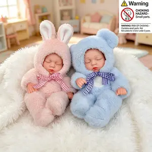 Collectible Dolls 1Pc 19cm Full Vinyl Baby Doll with Bunny/Bear Outfit, Cute Sleeping Doll with Plush Animal Jumpsuit Doll Clothes, Mini 7 Inch Baby Doll for Kids, Collectible Baby Doll Gift