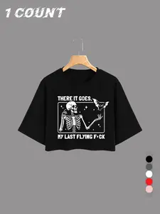 Women's Skeleton & Letter Print Round Neck Crop Tee, Fashion Casual Crew Neck T-shirt for Daily Holiday Vacation Outdoor Wear, Ladies Clothes for Summer, Top