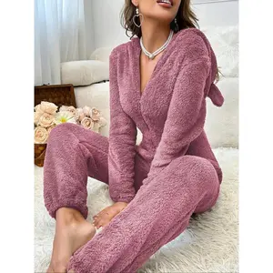 Autumn Winter New Women's Hooded Plush Onesie Pajamas, Cute Ear Decoration, Cozy One-Piece Sleepwear, Ladies Nightwear Can be used with raincoat