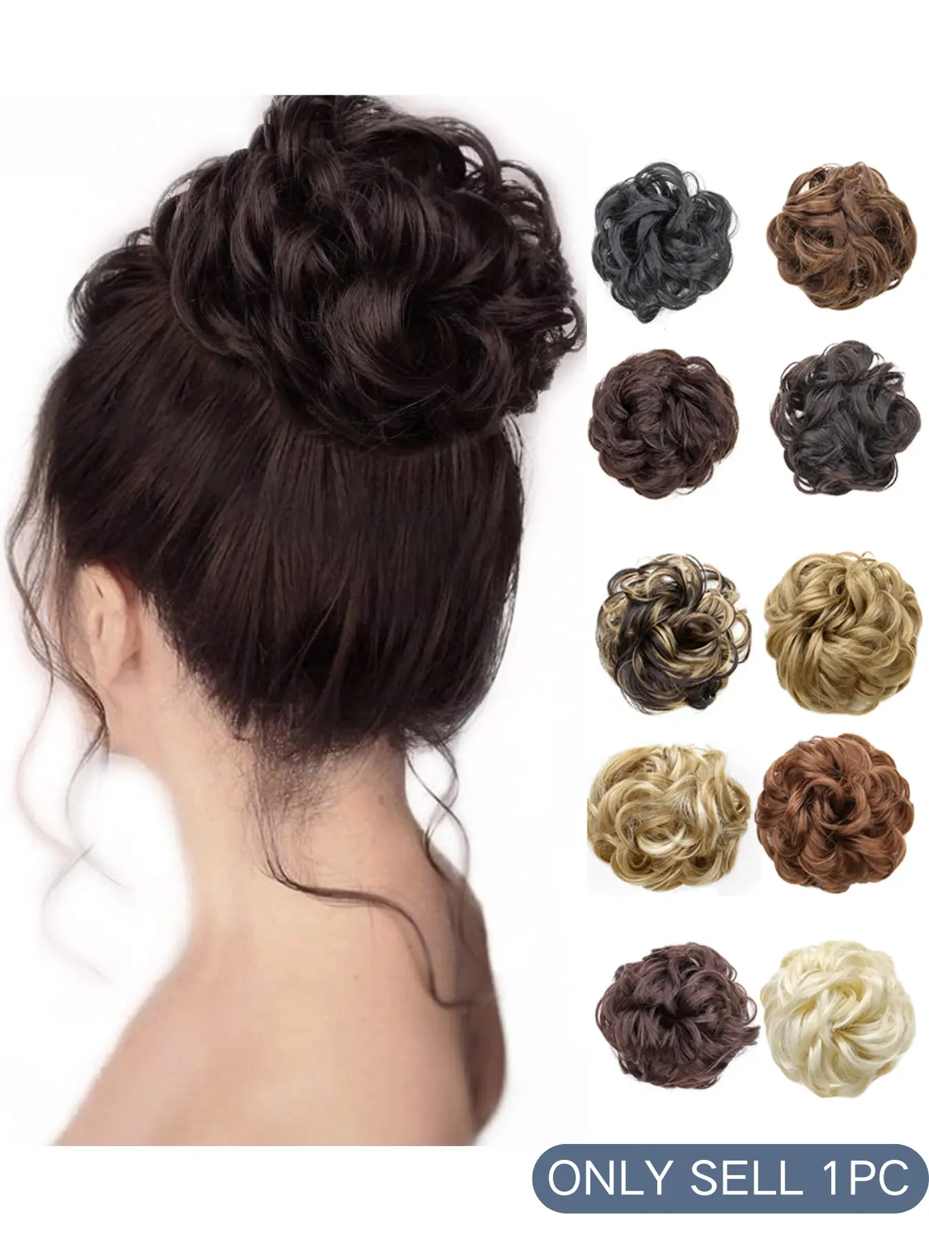 Messy Curly Chignon Hair Bun Scrunchie, Natural High Temp Fiber Wig Hairpiece, Synthetic Hairpieces, Voluminous Lazy Bud Updo, 10 Colors Available, Quick Easy Hairstyle For Thin Hair Daily Party