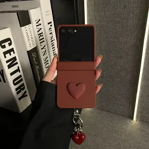 Soft-Touch Three-Piece Set - Dark Red + Dark Red Small Heart + Wine Red Small Heart Charm Flip Foldable Anti-Drop Protective Case for Samsung Galaxy Z Flip 7 FE / Z Flip 7 / Z Flip 6 / Z Flip 5