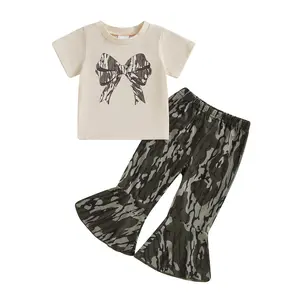 Baby Girl Camo Flared Pants Outfit Toddler Short Sleeve T Shirt Tops Elastic Waist Camouflage Bell Bottom Pants 2Pcs Set