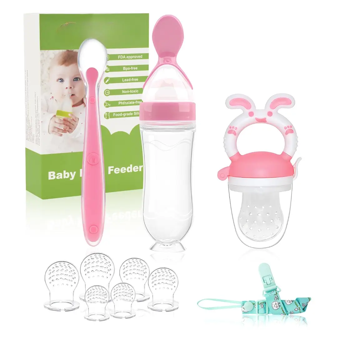 Baby Fruit Feeder Pacifier - 3 Pack | Baby Fruit Food Feeder Pacifier & Baby Food Dispensing Spoon | Fresh Fruit Teethers for Babies | Silicone Feeder