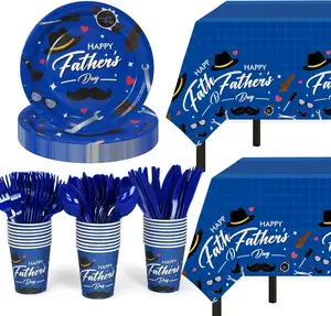 Childom Fathers Day Decorations for Party,132 Pcs Disposable Fathers Day Plates Tablecloth Cups Knives Spoons Forks for Party Supplies,Plates Tableware for Dads Birthday,Home,Brunch,Dinner,Serves 26 CQX