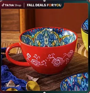 Bohemian floral patterned ceramic breakfast cup, microwave  and  dishwasher safe, scratch resistant, large capacity tea milk cereal cup, home kitchen breakfast cup