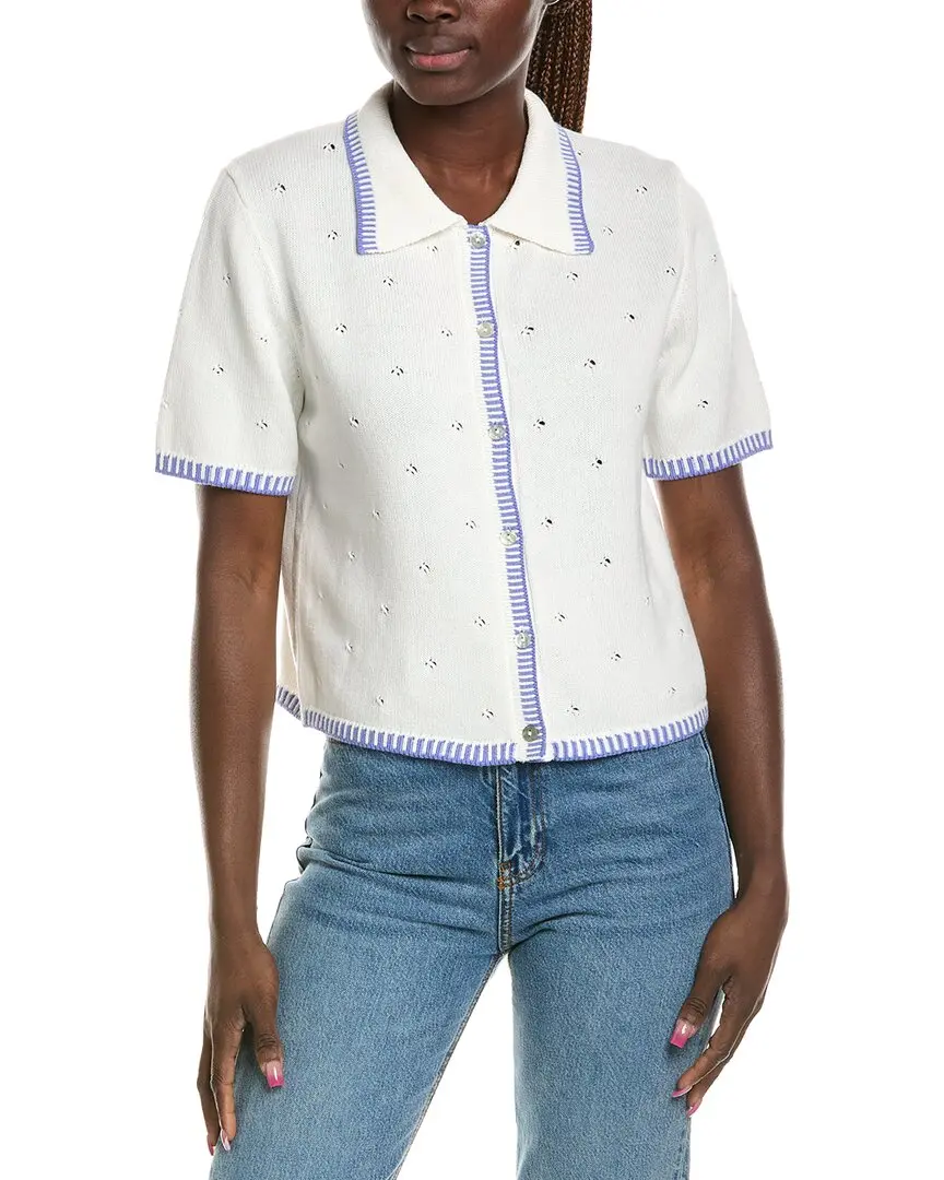 CeCe Pointelle Collar Knit Shirt