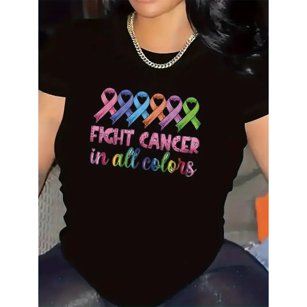 Cotton Short Sleeve Graphic Tee Fight Cancer In All Colors Awareness Ribbon Shirt Casual Summer Top For Survivors Support Squad Chemo Gifts