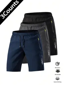 Men’s Quick-Dry Sports Bermuda Shorts, Set of 3 — Navy Blue + Dark Gray + Black, Casual, with Zipper Pockets