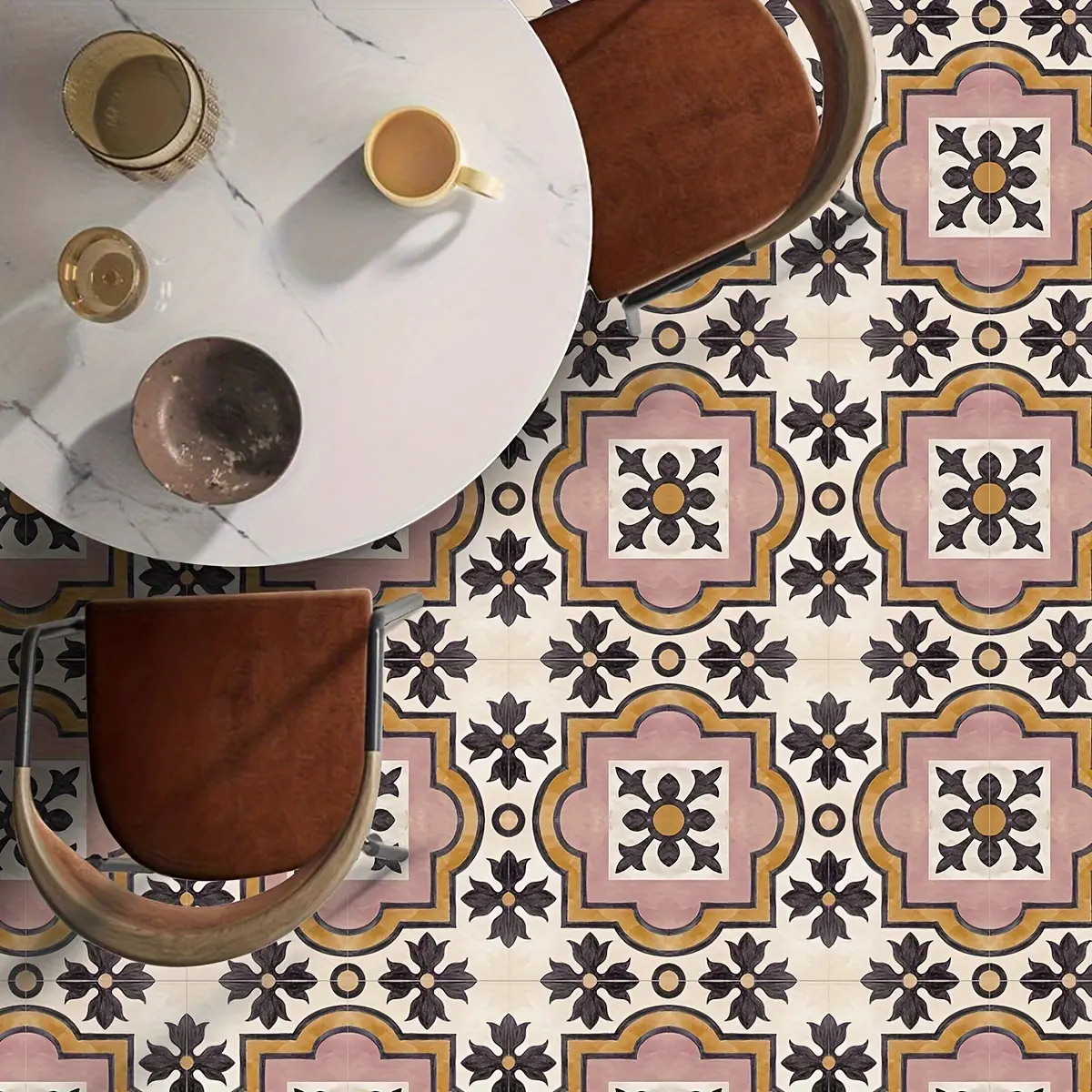 10pcs Moroccan Pink Boho Floor Tiles Stickers PVC Waterproof Peel and Stick Kitchen Bathroom Balcony Rental Refresh Kitchen Bathroom Decoration Decorative Floor Sticker