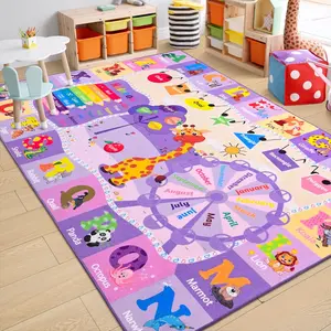 Kids Rugs for Playroom Bedroom Classroom Nursery, Non-Slip and Washable Rugs for Children Toddlers Girls, Educational and Fun Rug Carpets with ABC Alphabet Animals Shapes, 7x10, Purple