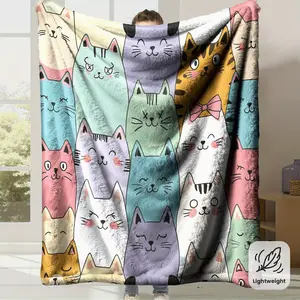Ultra-soft flannel milk fleece blanket, anti-static and comfortable all-season blanket, suitable for beds, sofas, offices, lightweight and warm travel blanket, camping decoration, machine washable without fading, with cute cat prints