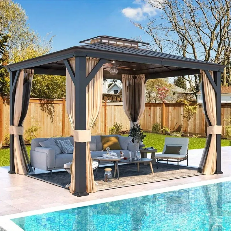 12'x10' Outdoor Hardtop Gazebo with Galvanized Steel Roof, Aluminum Frame Canopy with Curtains & Netting, Ideal for Garden, Patio, or Lawn