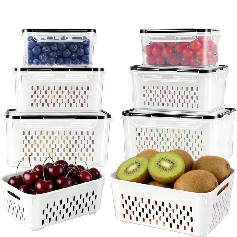 12pcs Airtight Food Storage Set - 6 Perforated PP Plastic Colanders, 6 High Capacity Produce Containers with Utensils, Leakproof Kitchen Gadgets for Fridge Storage Organization, Microwave-Safe Freshness-Maintaining Accessories, Produce Storage Containers