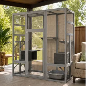 Large Outside Enclosed Wooden Catio Shelter - 62.6in Gray Solid Wood Outdoor Cat House, Anti-UV Waterproof Roof, Multiple Platforms, 2 Resting Boxes, Playpen Cage, 62.83 lb Weight