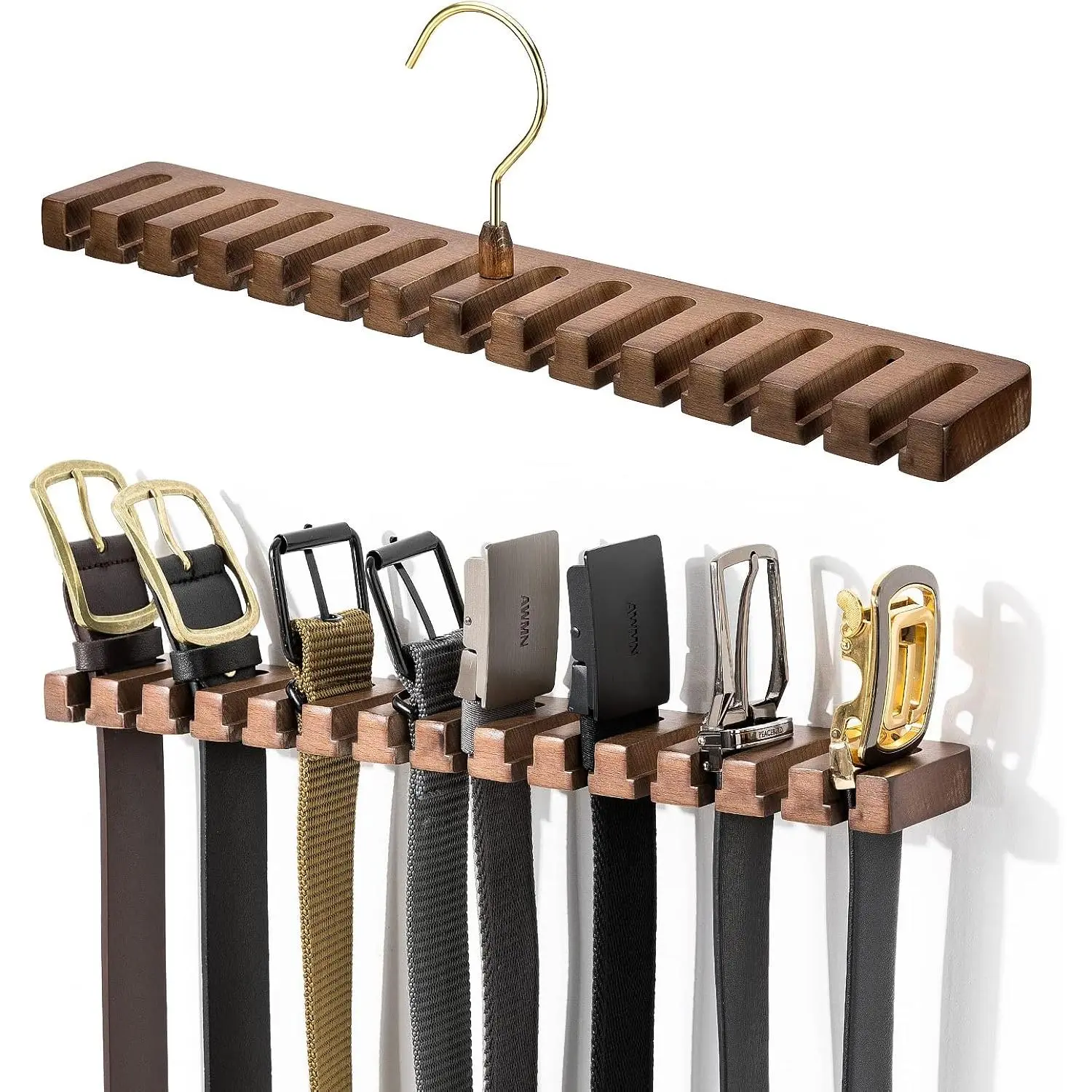 Wooden Belt Rack for Closet Wall Mount, Sturdy Belt Hanger Organizer Holds 14 Belts, Space Saving Belt Holder for Closet Door Wall, Walnut