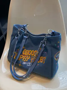 Retro distressed denim Boston bag, letterembroidered handbag   shoulder bag, trendy   casual versatile personality design, street style master outing eye-catching single item, suitable for daily travel, shopping, etc., Crossbody Bags, Boho Shoulder Bags