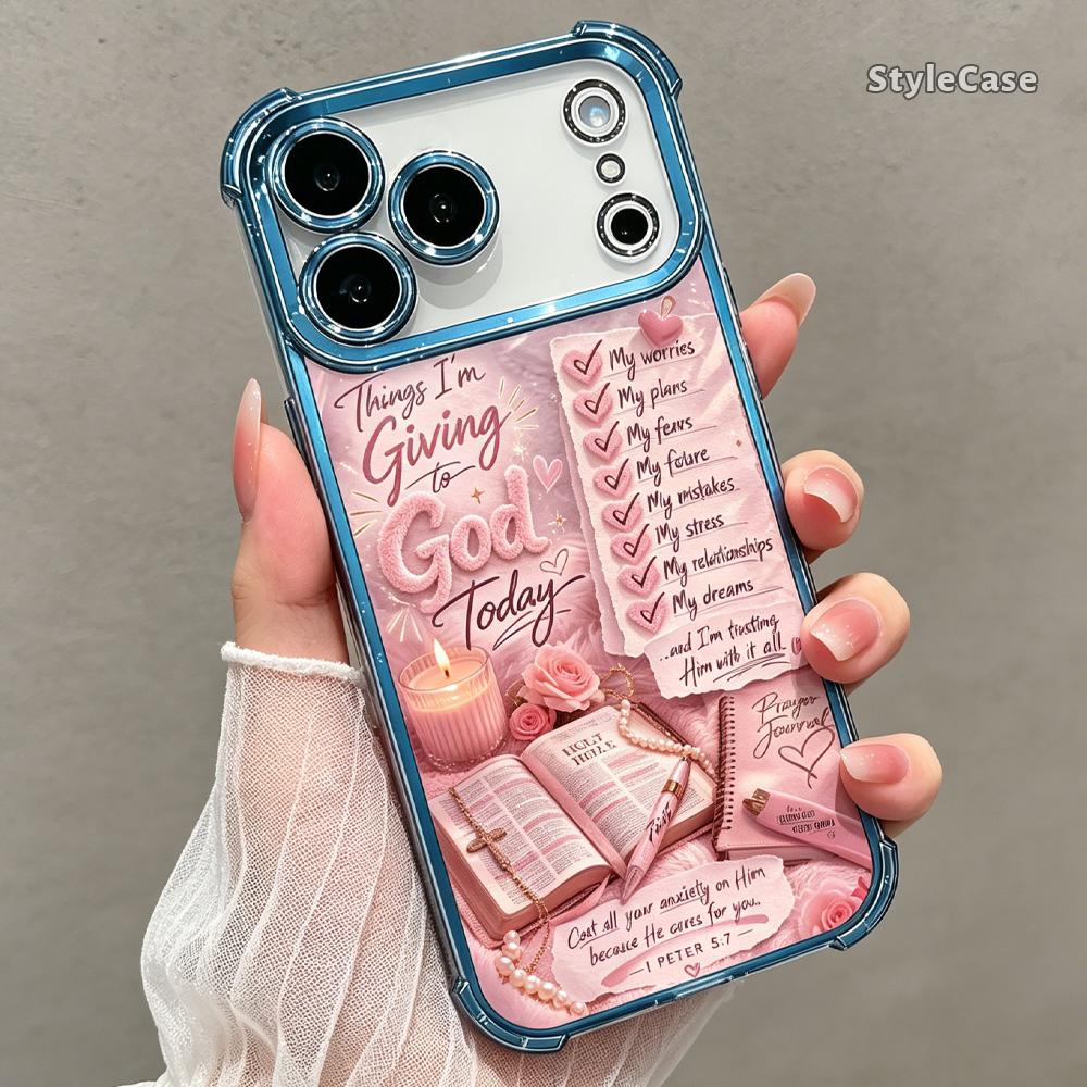 Giving to God Prayer Phone Case for iPhone 17 16 15 14 13 12 11 Pro Max Plus Air, Christian Faith Bible Verse Pink Clear TPU Shockproof Metallic Edge Cover Religious Gift DDSJ260627020