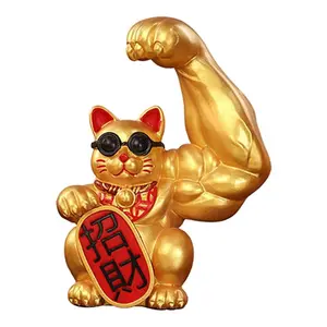 Giant Cat Figurine Muscle  Feng Shui Fortune Sculptures Waving Arm Fortune Wealth Welcoming Store Opening Decor Collections Ornaments