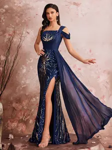 Elegant Long Sleeveless Woven Formal Wear Evening Gown, Asymmetrical Shoulder Design, Sequins & Lace Detailing, Perfect for Parties & Night Out