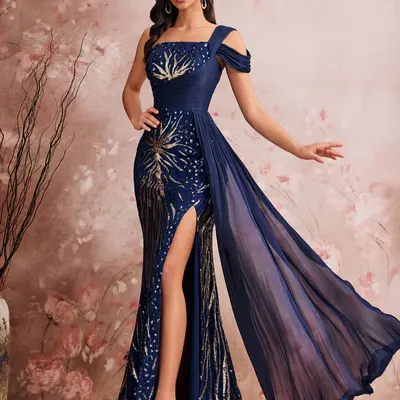 Navy Blue Prom Dress with Gold Jewelry TikTok Shop