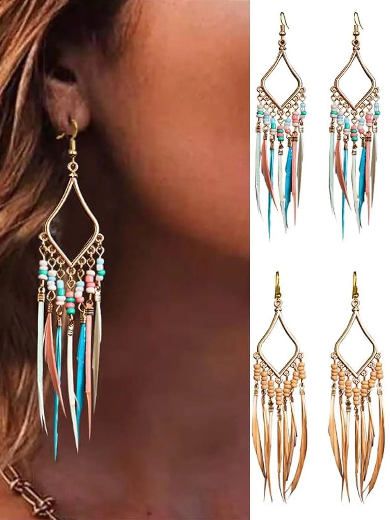 Boho Style Dangle Earrings, Feather Tassel Decor Beaded Earrings, Fashion Jewelry for Women, Birthday Party Gifts, Trendy Fashionable Accessories, Dangle Earrings Set, Dangling Earrings, Stylish Jewelry