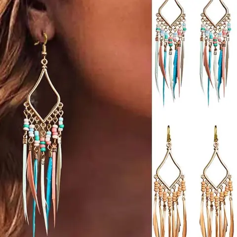 Boho Style Dangle Earrings, Bohemian Earrings, Feather Tassel Decor Beaded Earrings, Fashion Jewelry for Women, Birthday Party Gifts, Trendy Fashionable Accessories, Dangle Earrings Set, Dangling Earrings, Stylish Jewelry