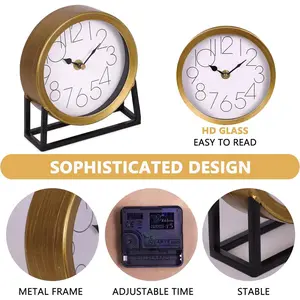 Modern Golden Table Clock on Stand, Decorative Desk and Shelf Clock, Mantel Clock Farmhouse Clock Non-Ticking, Home Décor for Living Room, Bedroom, Bedside, Desk, Gift Clock (Gold)