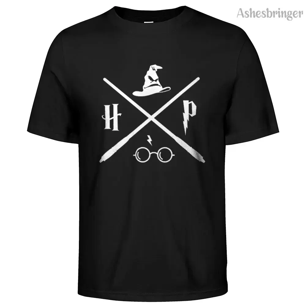 Men's Breathable Cotton Knit Short-Sleeve T-Shirt - Harry Potter Wizard Glasses, Moving Symbol Graphic Print, Streetwear Casual Menswear Top