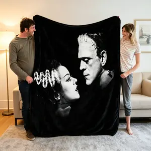 Frankenstein & Bride Black & White Horror Flannel Blanket, Classic Monster Romance Throw, Soft All-Season Blanket for Horror Fans