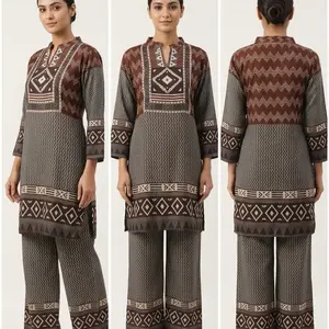 Lilen Fabric Cord Set with Geometric Patterns and Embroidery Details