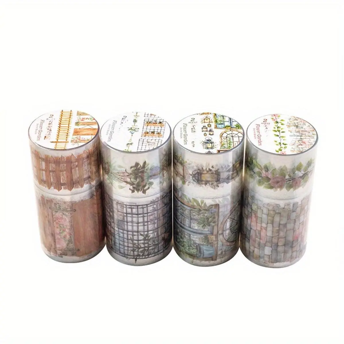 Retro Garden-Themed Polyethylene Terephthalate Washi Arts & Crafts Tape, 8-Roll Multi-Roll Water Resistant 16m Office Tape, DIY Decorative Material for Flower Fence Handbooks