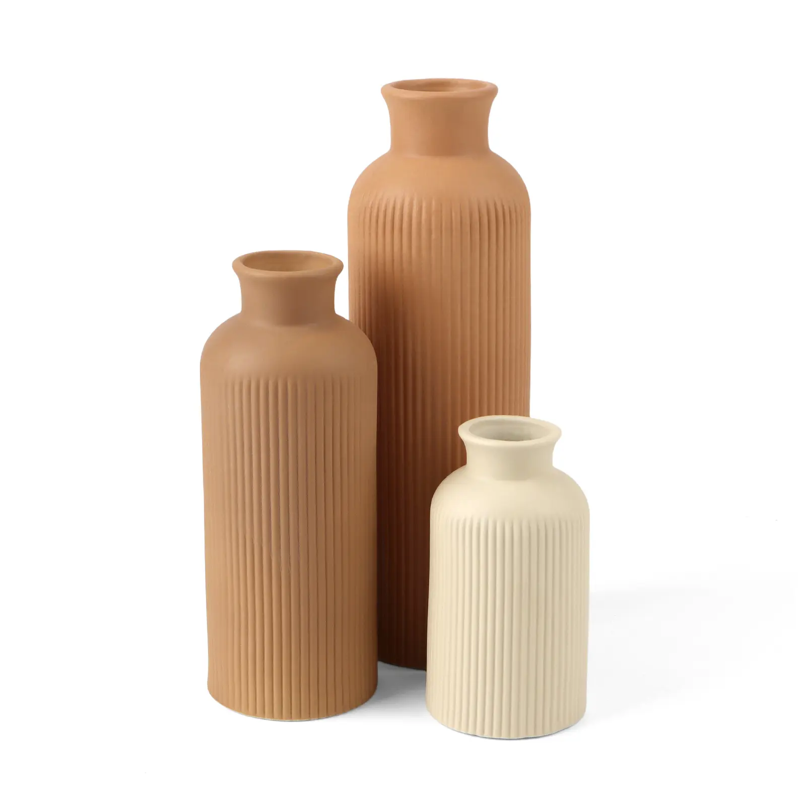 Elegant Ribbed Matte Design Set Vases,Earthy Tones,Modern Ceramic Vase Set, 3-Piece Decorative Vases for Home, Living Room, Office, Decor