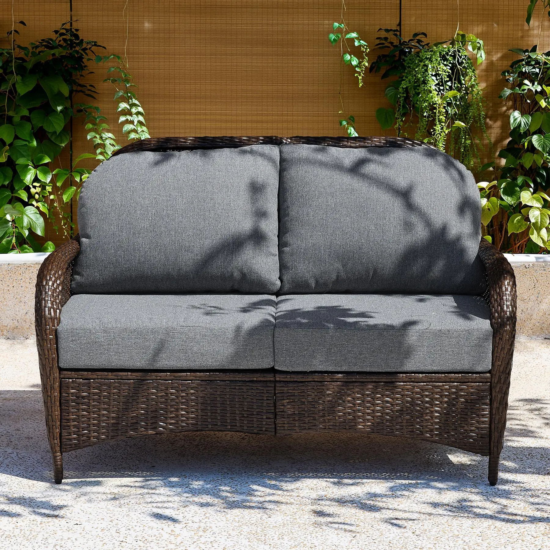 LITTLE TREE Outdoor Wicker Loveseat with Thick Gray Cushions, 2-Seater Patio Sofa, All-Weather PE Rattan Outdoor Furniture for Porch, Deck, Backyard, Brown/Gray