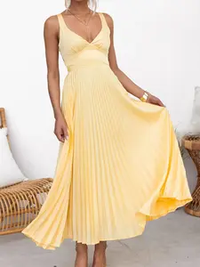 Women's Pleated V-Neck Sleeveless Polyester Casual Maxi Dress for Ladies