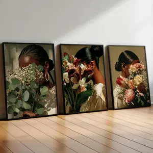 Black Woman Flower Wall Art Set of 3, Black Woman Art, Flower Wall Art, Wall Art for Living Room , Black Girl Dorm Decor