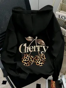 Women's Leopard Print Cherry Letter Graphic Print Hoodie, Casual Loose-Fit Drawstring Pocket Sweatshirt, Spring & Fall Fashion, Daily Wear