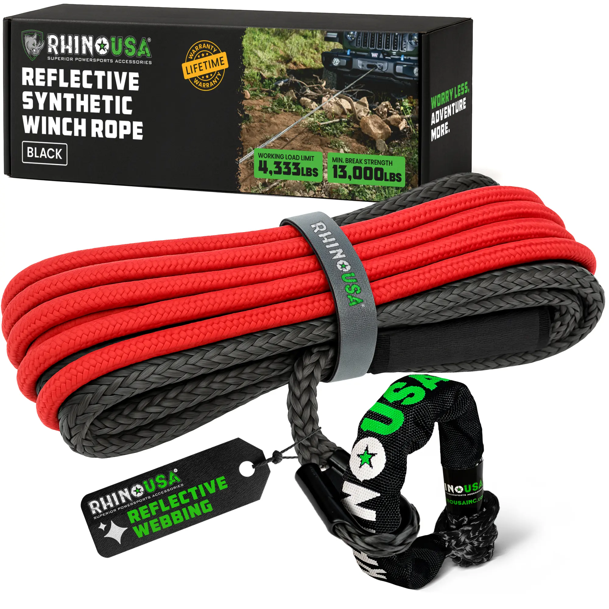 Rhino USA Synthetic Winch Line (3/8" x 94') with Soft Shackle for Jeep Wrangler, Gladiator, 4Runner, 1/2 Ton Pickup Ultimate SUV and Truck Accessories